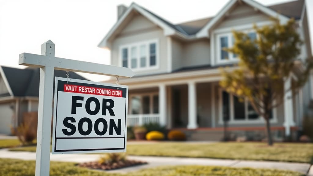Real estate for sale sign with coming soon rider in front of residential home