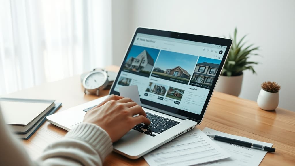 Person comparing rental and for-sale home listings on a laptop screen with financial documents nearby