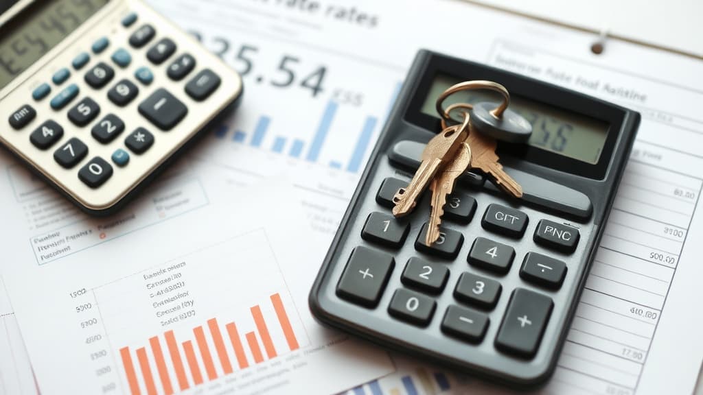 A calculator and house keys on mortgage documents showing interest rate calculations