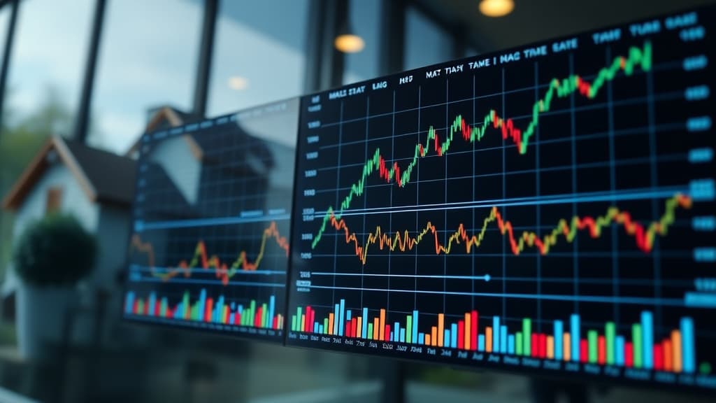Financial charts and graphs showing mortgage rate trends with global market indicators in the background