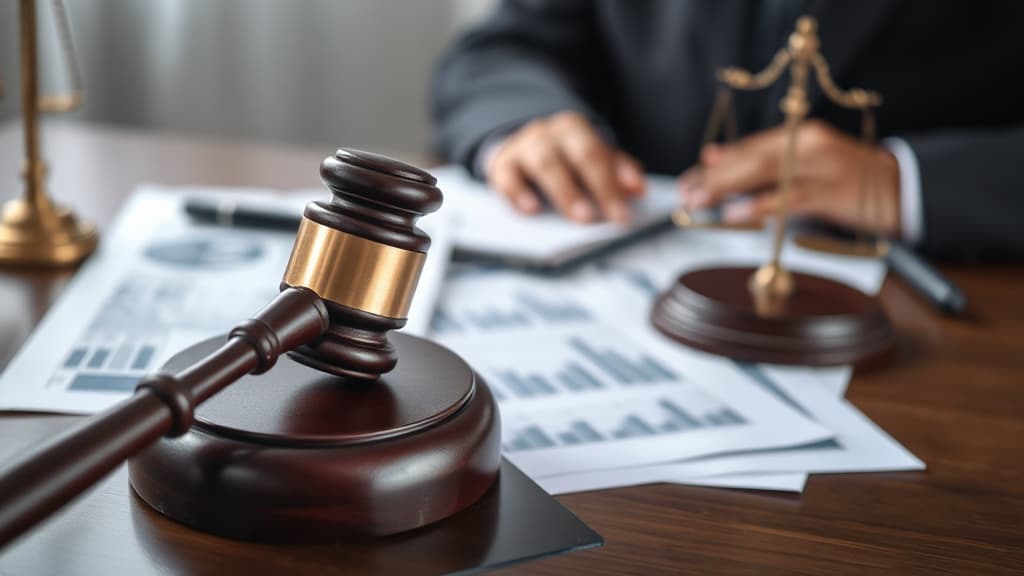 A gavel and financial documents on a desk representing legal consequences for real estate investment fraud