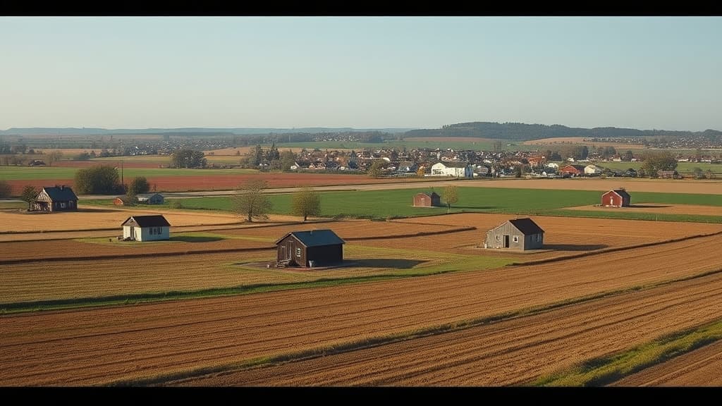Rural houses scattered across farmland with a small town in the background, illustrating housing challenges in rural markets