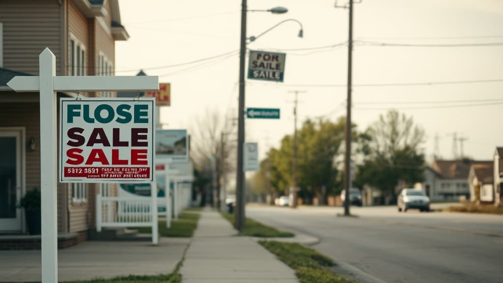 Rural main street with for sale signs showing the housing affordability challenge in small town America