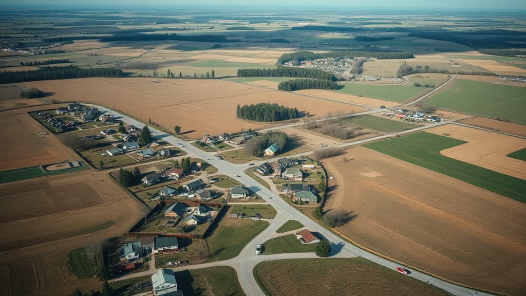 Aerial view of a small rural town with scattered houses and farmland, representing rural housing markets showing strong growth