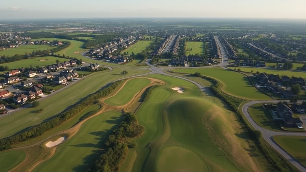 Aerial view of a golf course with residential neighborhoods visible in the background