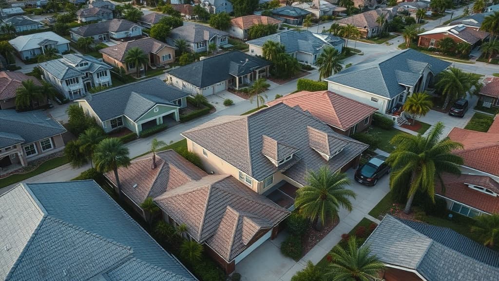 Aerial view of Florida residential neighborhoods showing homes with various roof types and storm protection features