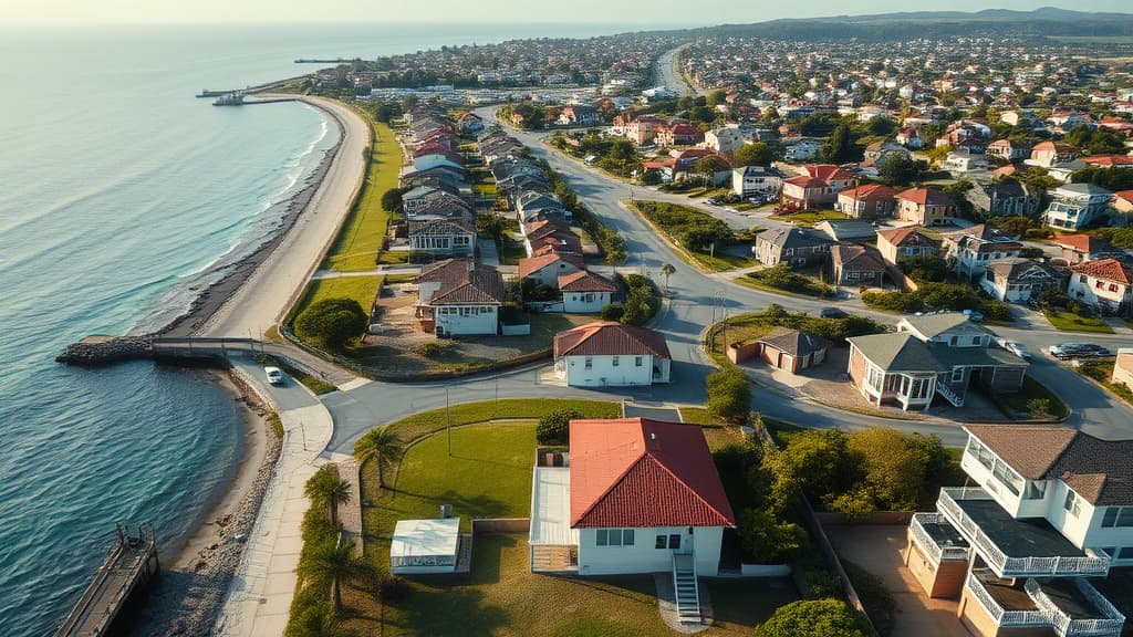 Aerial view of coastal residential neighborhoods showing multiple for-sale signs and housing developments