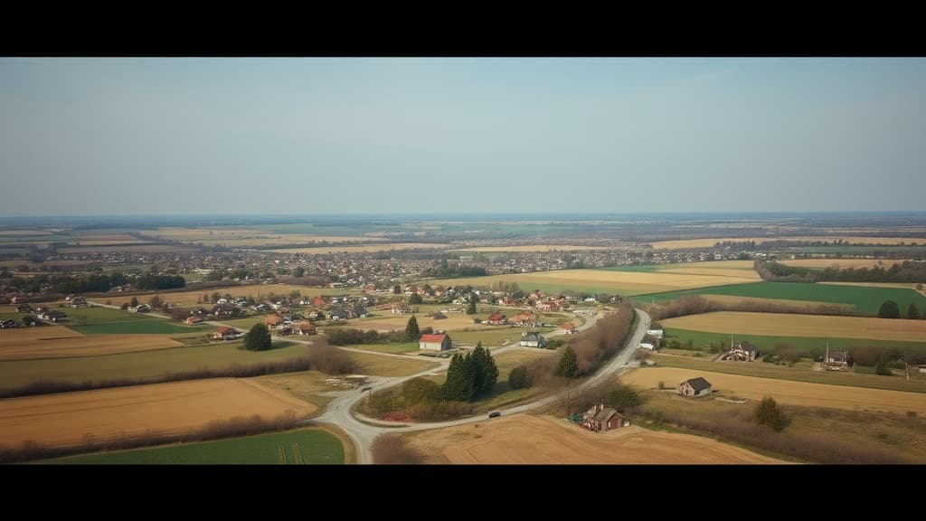 Aerial view of a small rural town with scattered houses and farmland in the background
