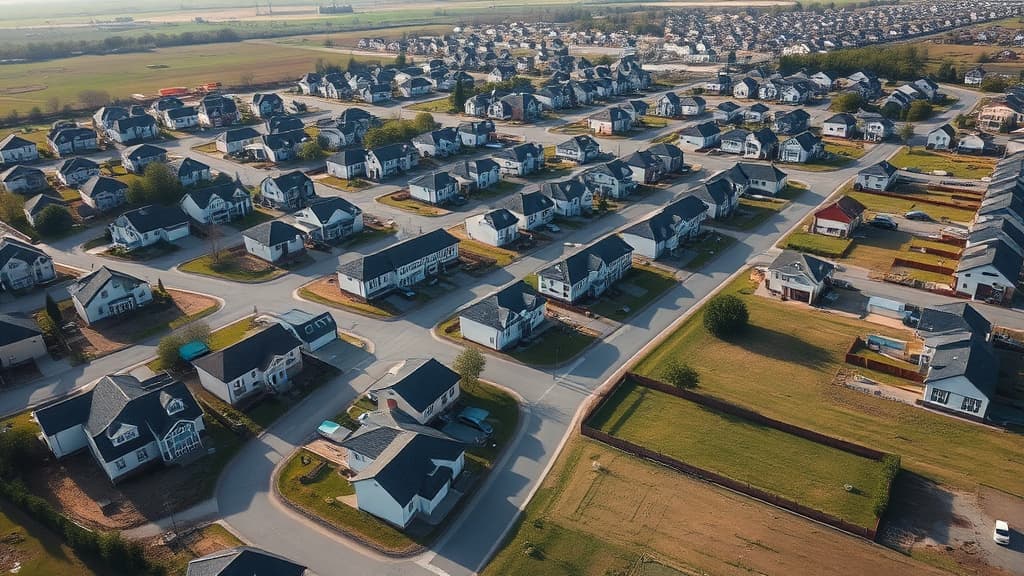 Aerial view of a small town residential development with new homes under construction
