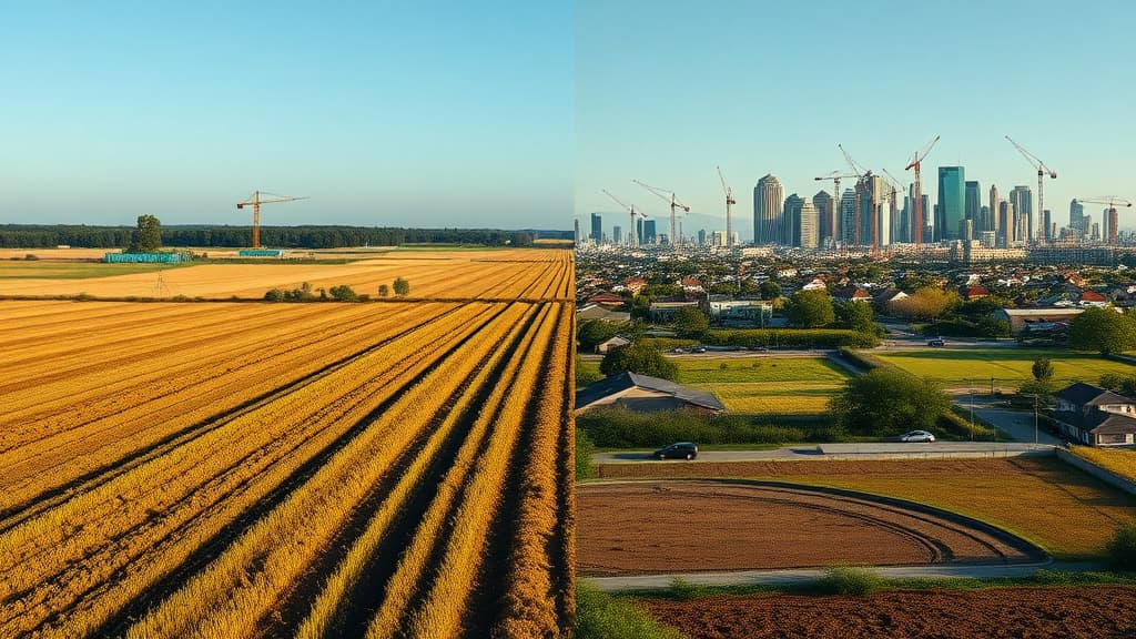 Split-screen comparison showing rural farmland with new construction next to urban skyline with construction cranes, illustrating housing market divergence