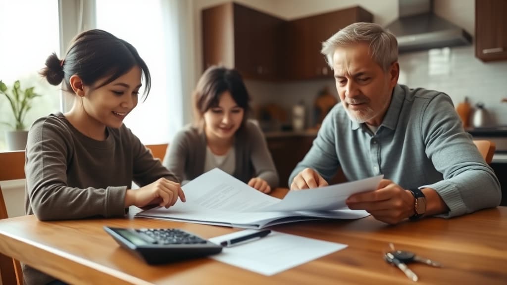 A family reviewing financial documents at a kitchen table with a calculator and house keys nearby.