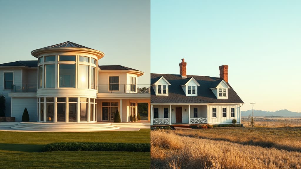 Split image showing a luxury mansion and a rural farmhouse representing the contrast between high-end coastal markets and growing rural communities