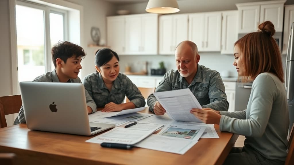 Military family reviewing housing documents at a kitchen table with laptop and paperwork spread out