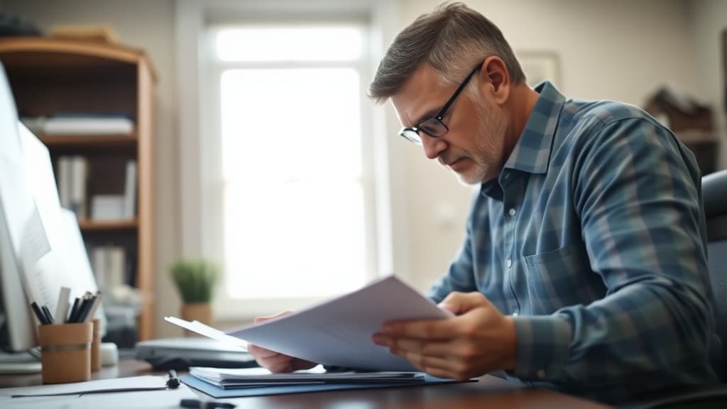 Mortgage lender reviewing documents at a small-town office, representing the shift toward efficient operations in rural markets