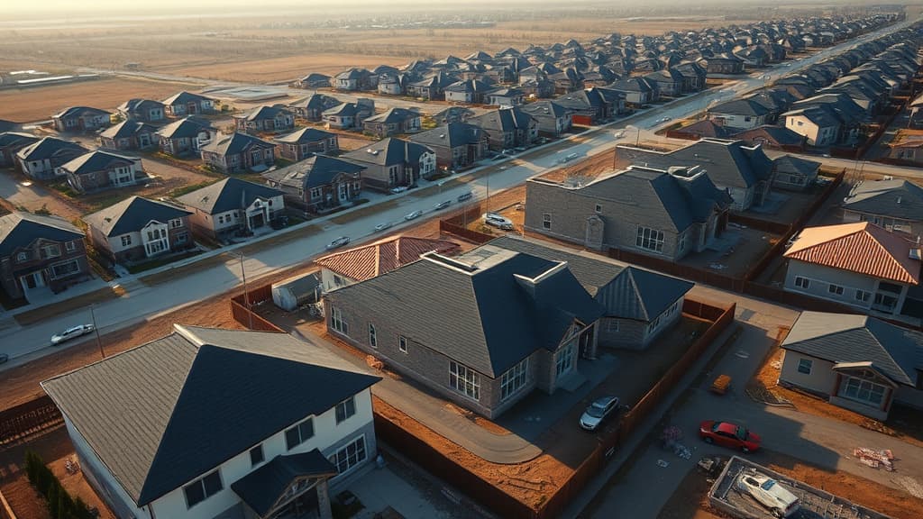 Aerial view of new residential construction with homes in various stages of completion