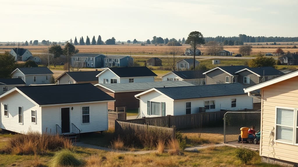 Rural neighborhood showing modest homes with varying price points representing housing affordability challenges in smaller communities