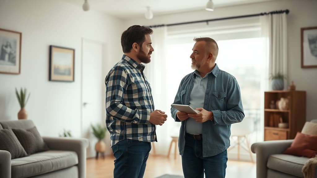 A landlord and tenant having a conversation in a residential property, representing the shift toward relationship-based rent collection strategies.