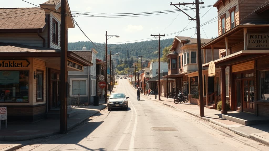 Small town main street with residential homes showing rural housing market character