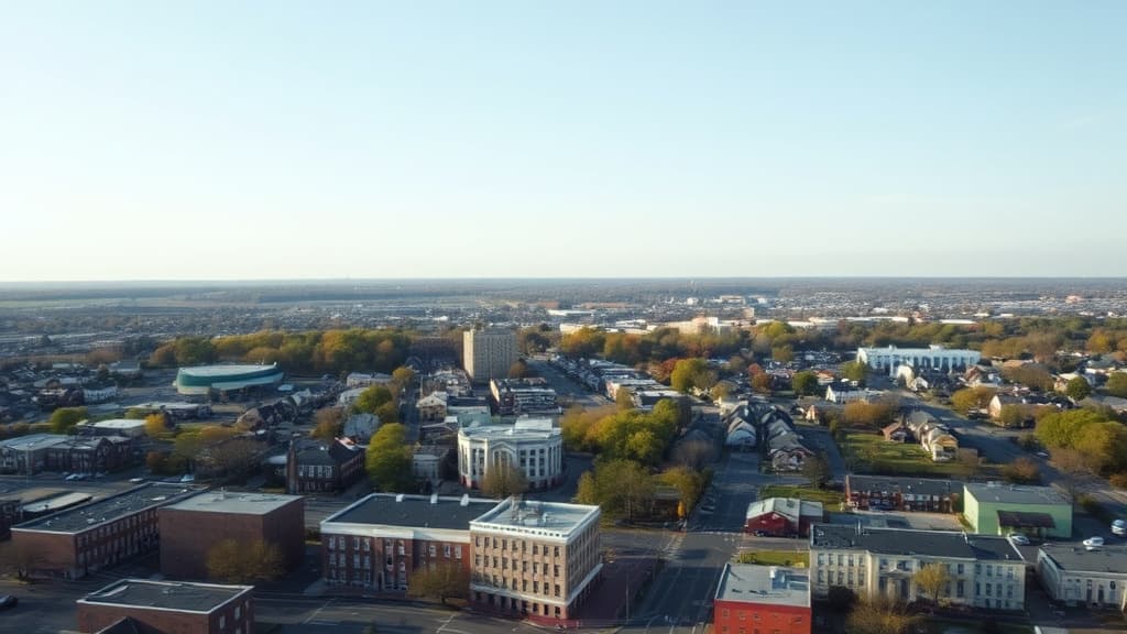 Aerial view of Springfield Massachusetts downtown area with residential neighborhoods in the background