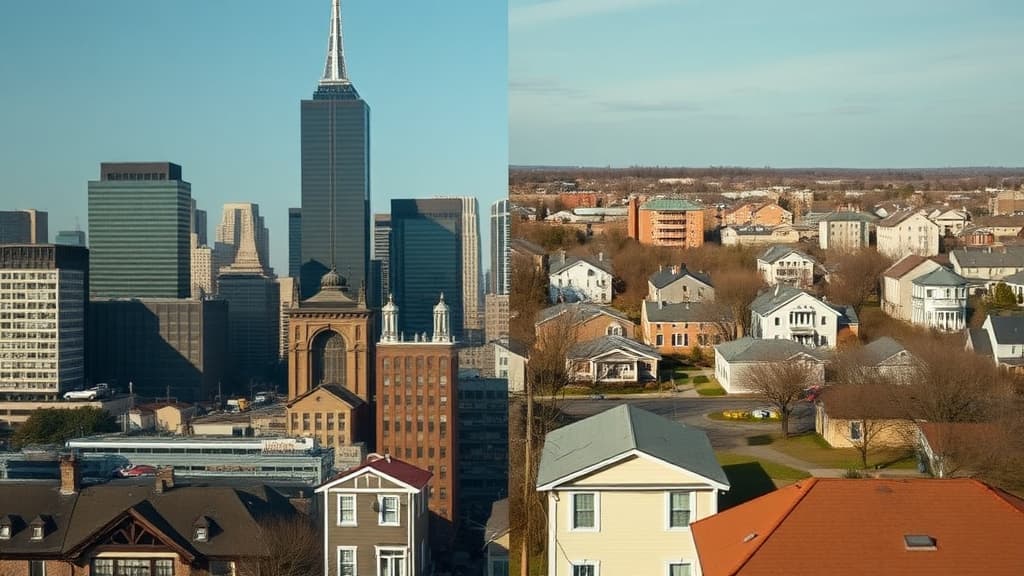 Split view showing Boston's downtown business district alongside a rural American town, illustrating contrasting housing market pressures