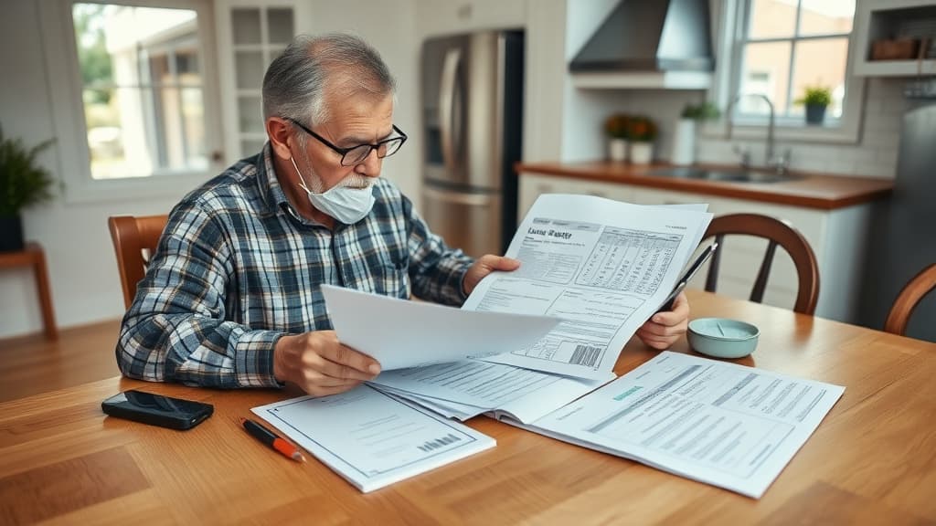 A homeowner reviewing financial documents at a kitchen table with home equity and loan paperwork spread out