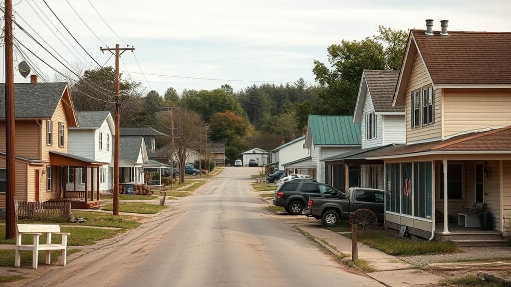 Rural main street with modest homes showing contrast between small town character and housing affordability challenges