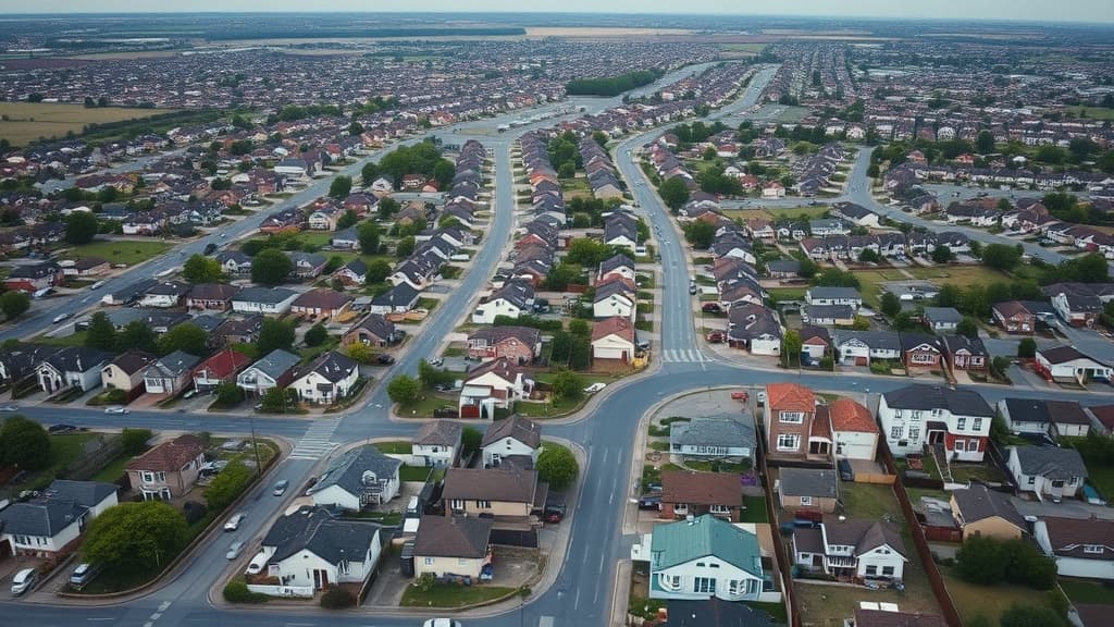 Aerial view of suburban neighborhoods showing varied housing development patterns across different market conditions