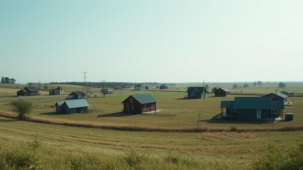 Rural houses scattered across farmland representing small-town housing affordability challenges